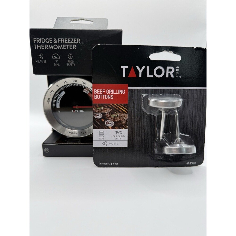 Taylor Fridge Freezer Thermometer + Beef Grilling Buttons Food Temp Gauge Bundle